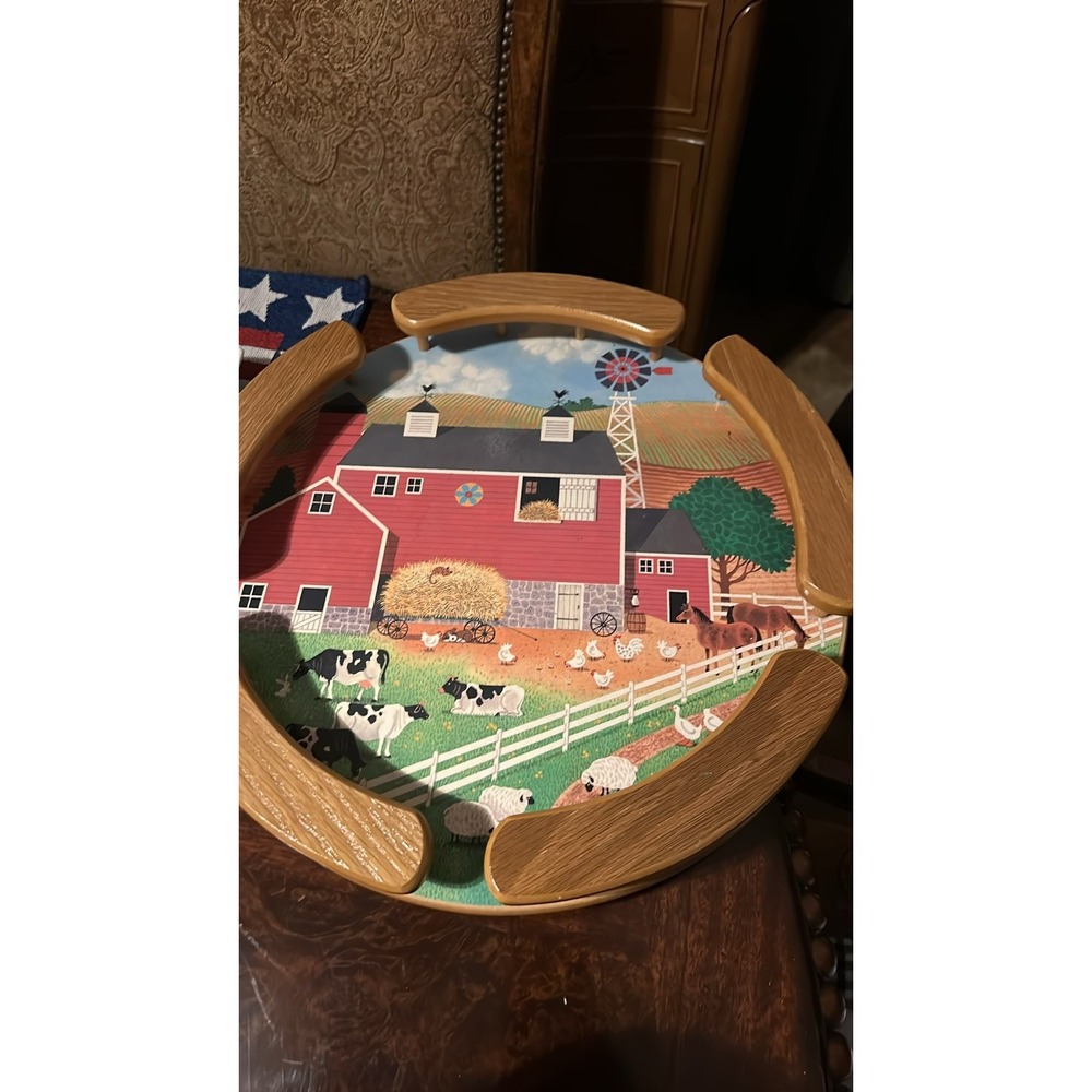 Vintage jumbo farm scene lazy Susan 16 inches solid Wood oak cows, Big organizer